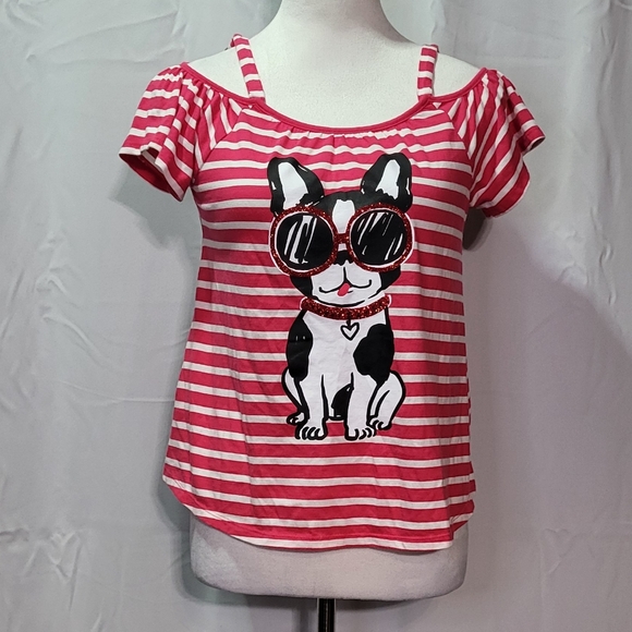 Justice Other - Justice Girls Pink Striped Cold Shoulder French Bulldog Graphic T-Shirt Size 14
